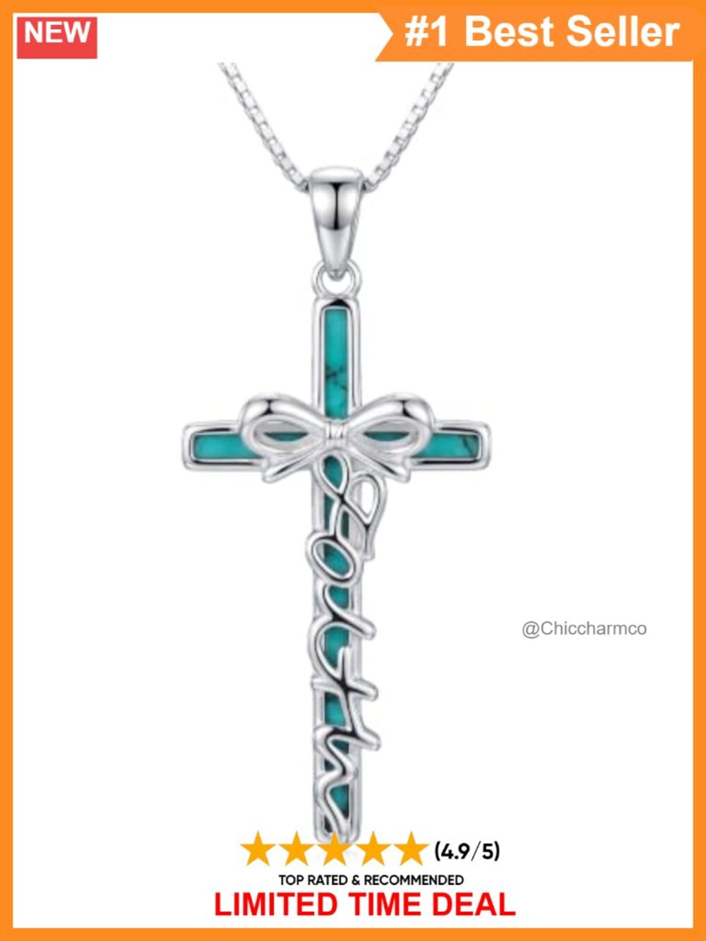 Sterling Silver Turquoise Cross Pendant Necklace Rhodium Plated 18+2in Chain